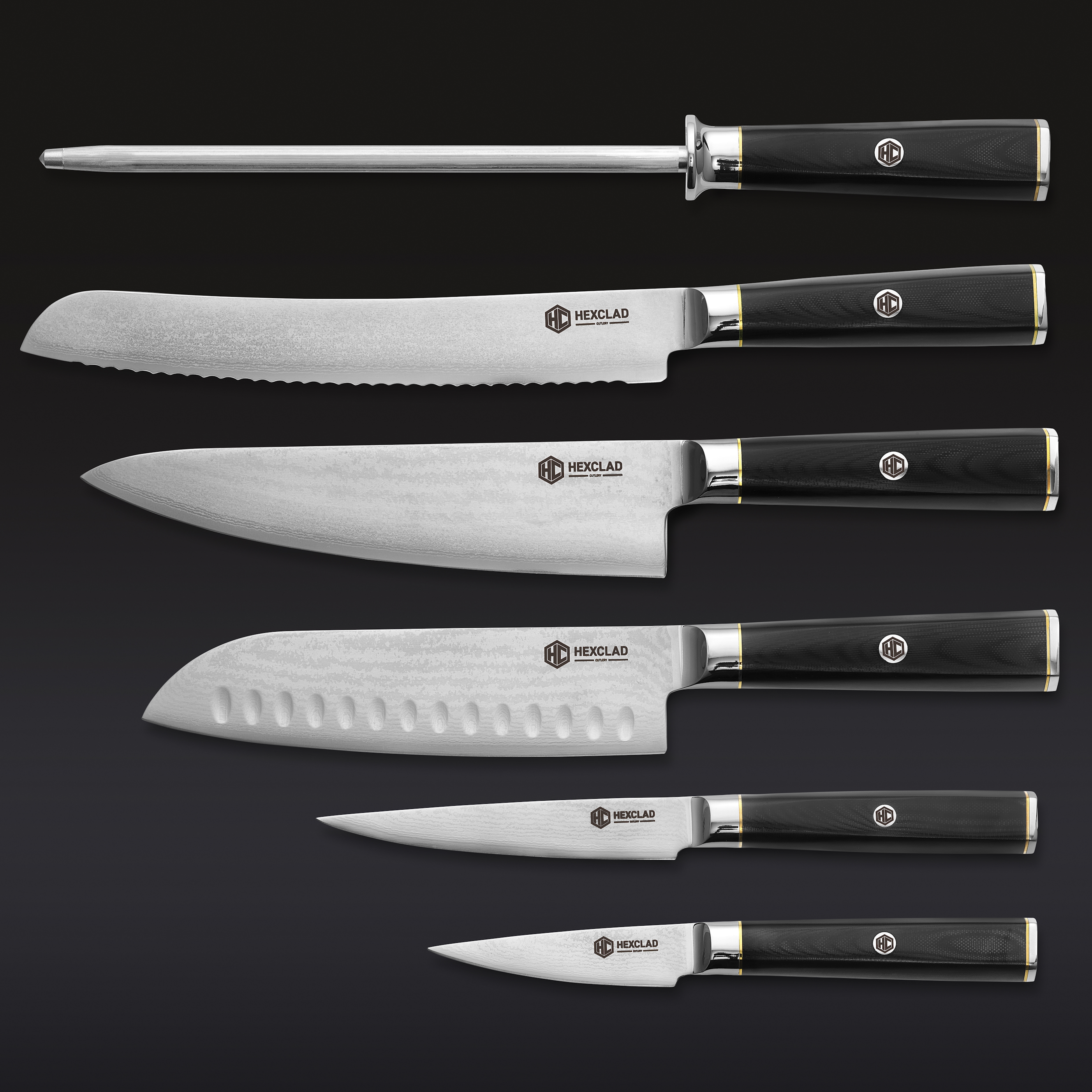 HexClad_7pcMasterSeriesJapaneseDamascusSteelKnifeSetWithKnifeBlock_BNKFKB07-ST-G10_Overhead_Black_1023_2